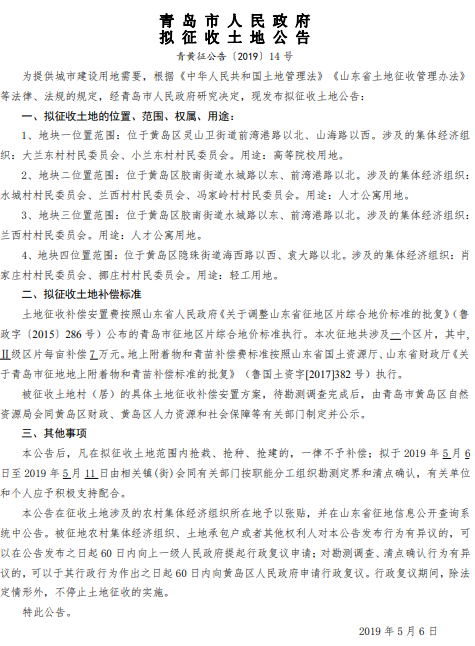 青岛2019年度肖家庄村、挪庄村拟征收土地公告青黄征公告〔2019〕14 号