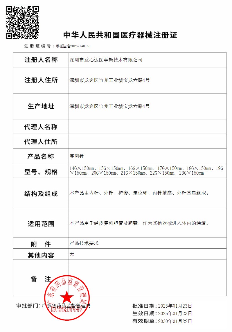 喜获新证！益心达“穿刺针”取得产品注册证！
