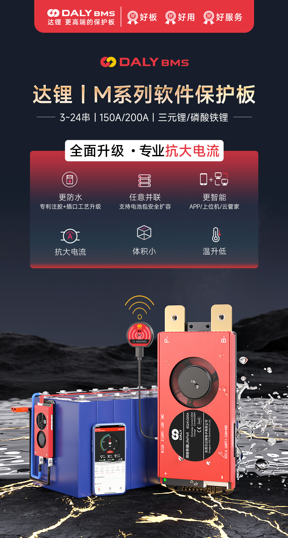 达锂BMS | M系列智能软件保护板｜防水并联升级｜150A/200A大电流｜三端智控｜多场景适配