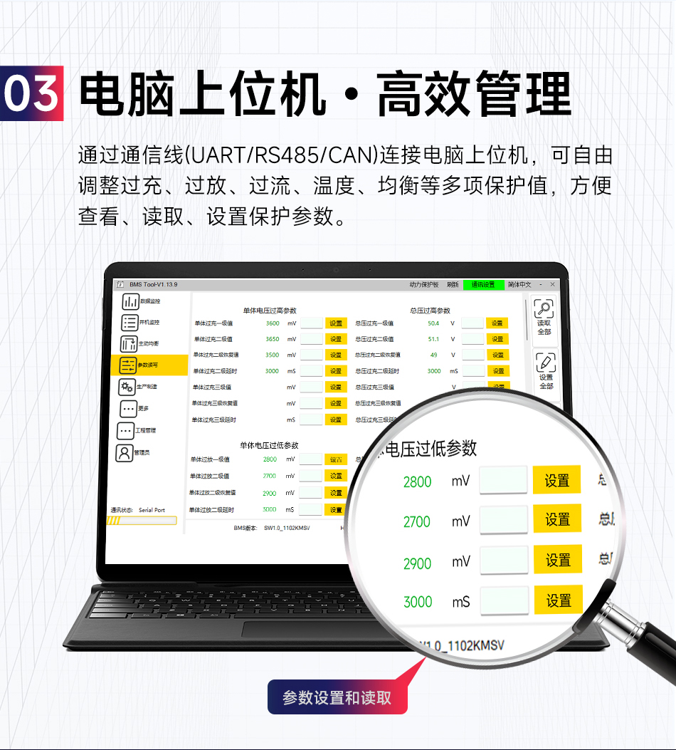 达锂BMS | K系列智能软件保护板｜防水并联升级｜324S｜40/60/100A多档电流｜三端智控｜铅改锂/租赁换电