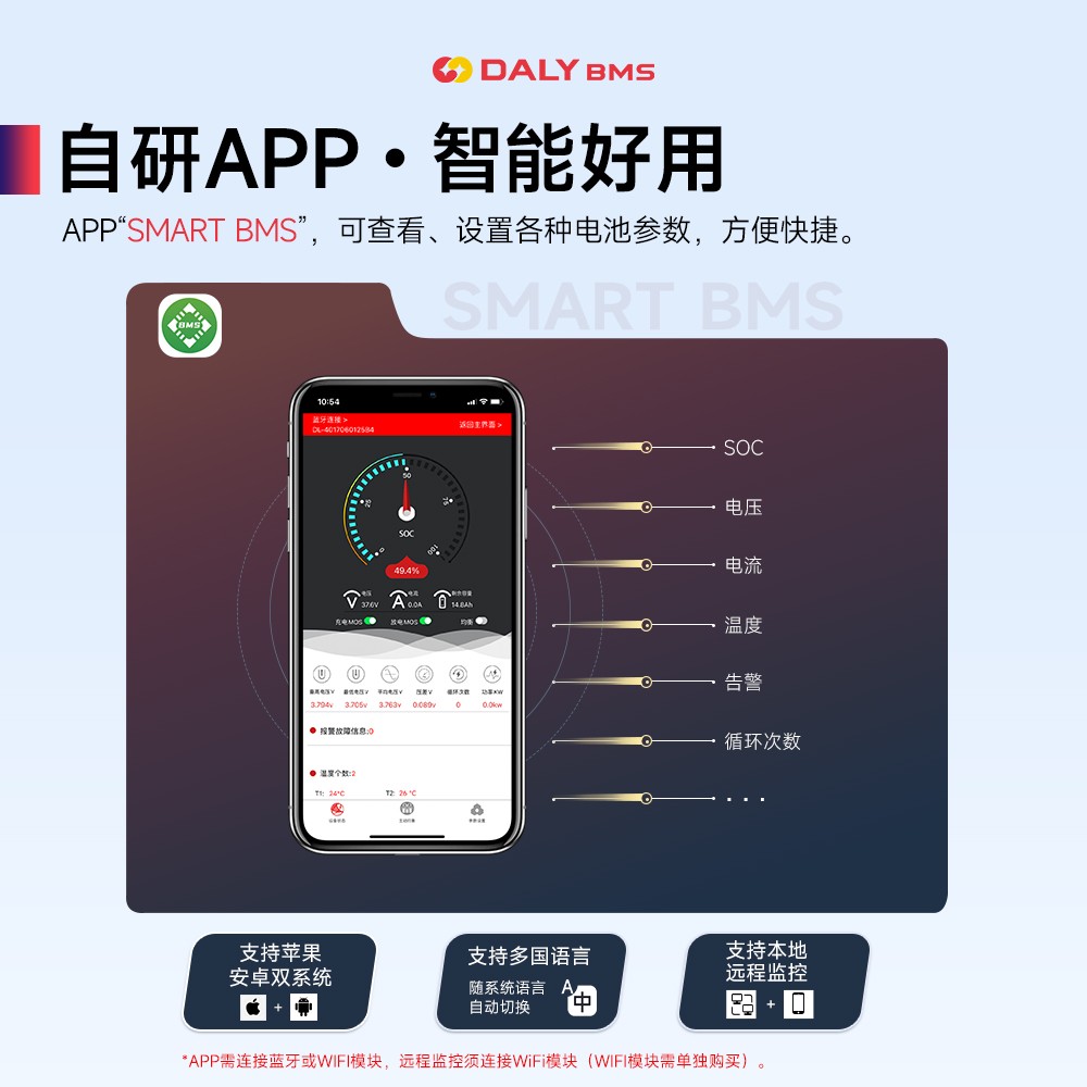 达锂BMS｜K系列软件保护板｜3-24S｜40A/60A/100A｜并联扩容｜APP智控｜小体积低功耗｜电池管理系统