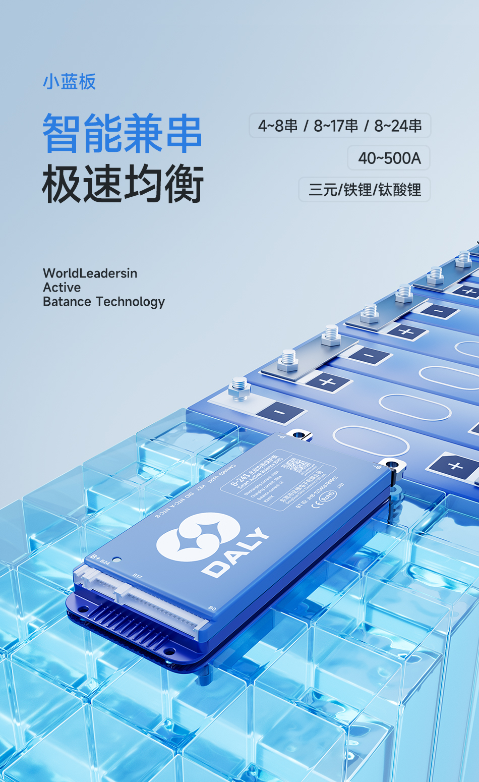 达锂BMS | 智能主动均衡保护板｜1A持续均衡｜四重安全防护｜蓝牙/WiFi智控｜4~24S全兼容｜40~500A
