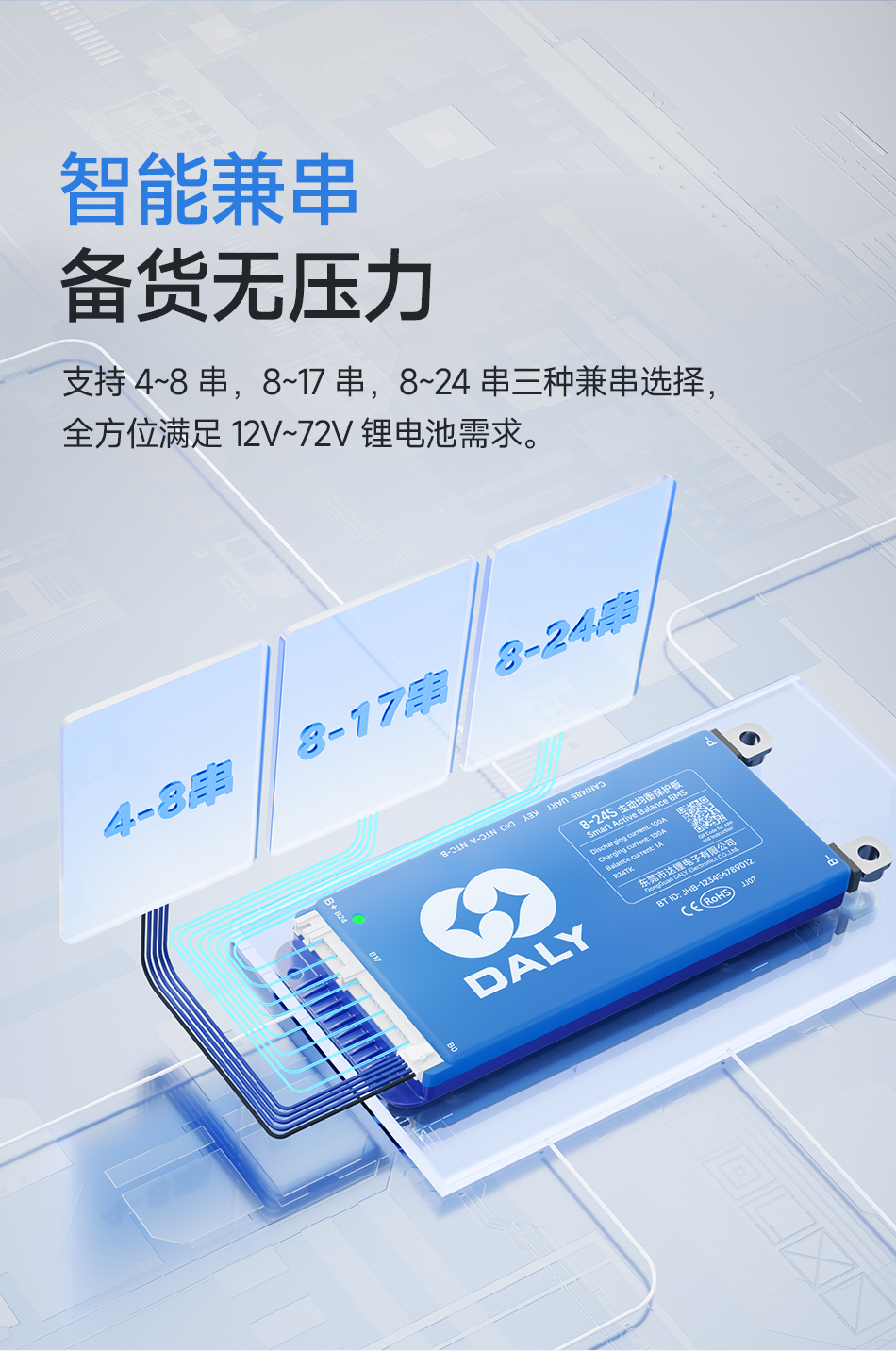 达锂BMS | 智能主动均衡保护板｜1A持续均衡｜四重安全防护｜蓝牙/WiFi智控｜4~24S全兼容｜40~500A