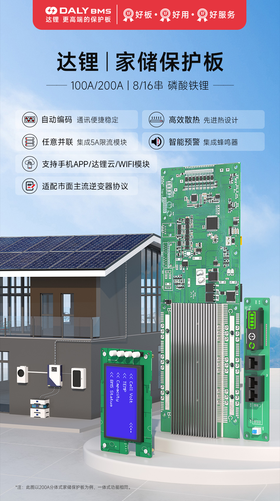 达锂BMS | 家庭储能保护板｜100A/200A｜8~16S｜磷酸铁锂｜智能并联扩容｜云管家远程运维｜逆变器协议兼容