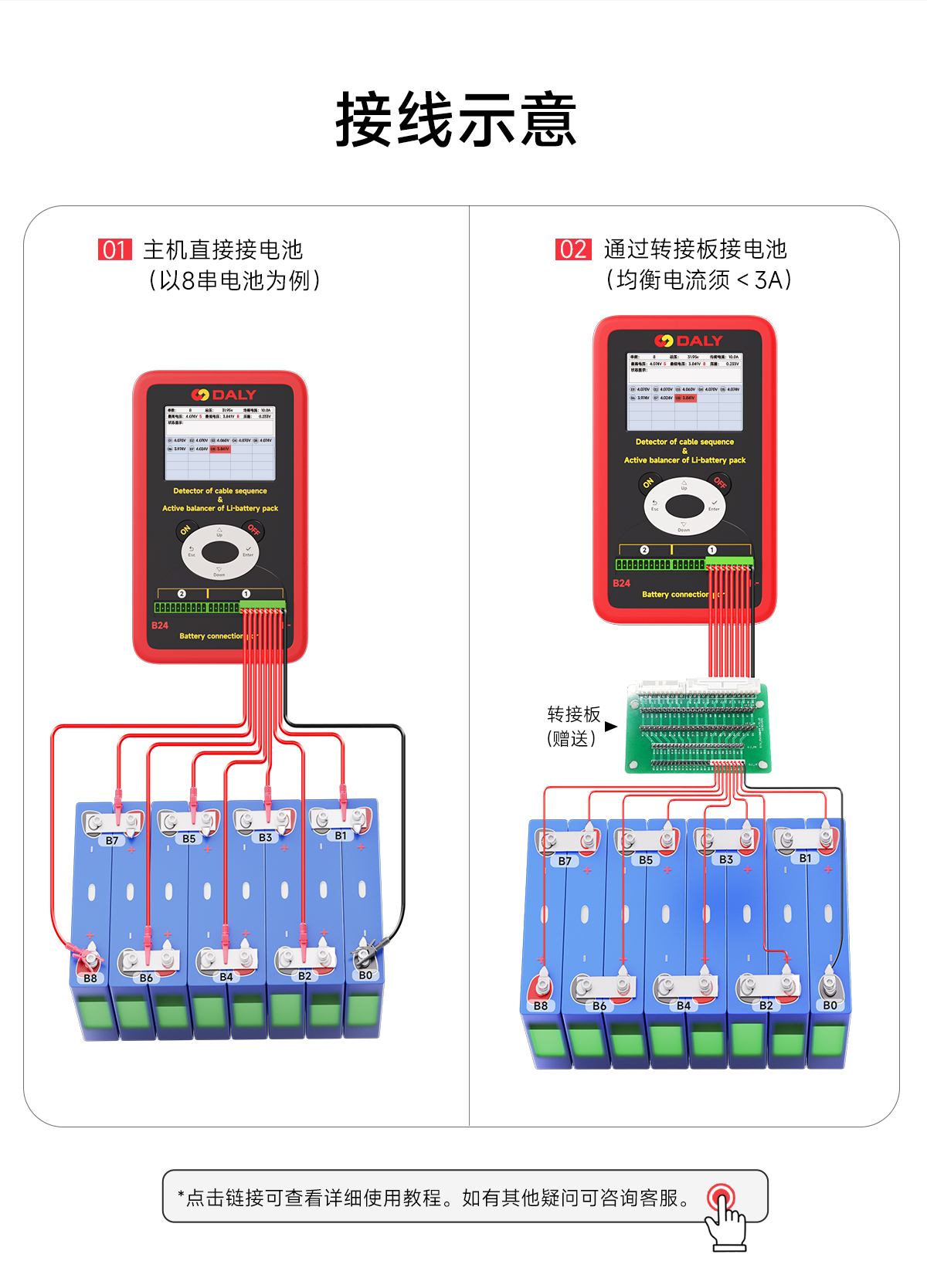 达锂锂电线序监测&均衡仪｜10A专利均衡｜3~24S全兼容｜智能线序检测｜3.5寸中英文屏显